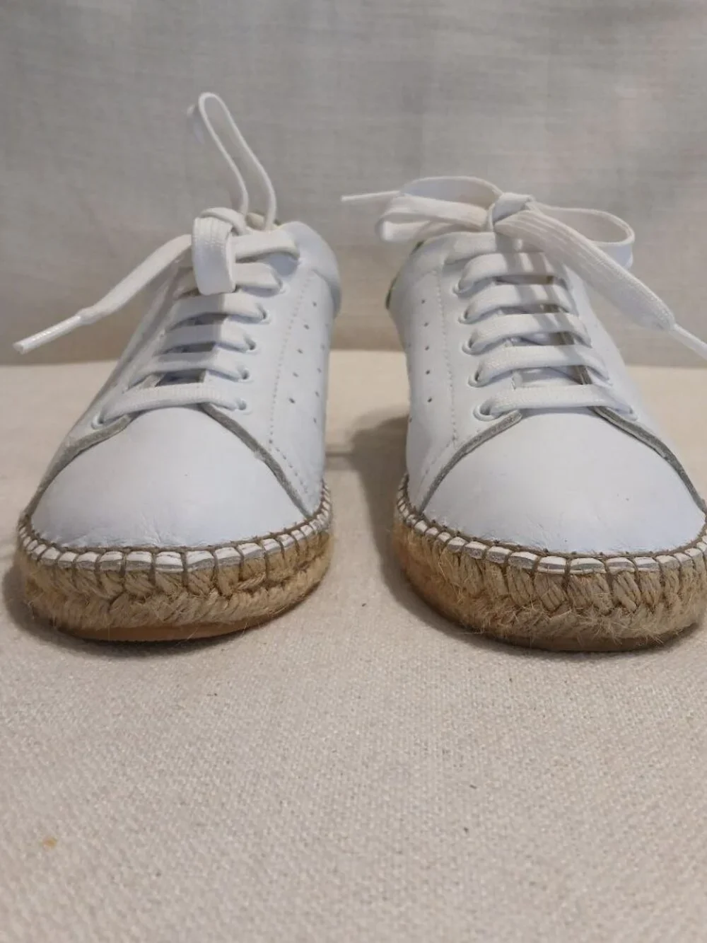 Andrew Stevens Made in Spa White Leather Espadrille Sneakers Green Heel Size 36